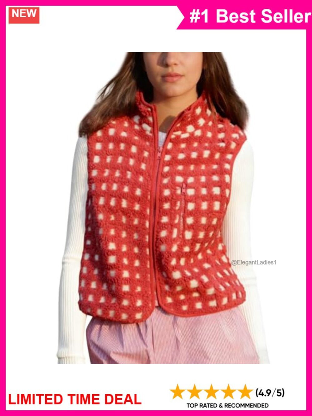 Plaid Fleece Vest Sherpa Sleeveless Zip Up Winter Jacket